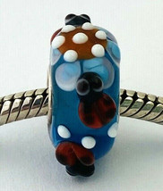 Artisan Art Glass Blue with Ladybugs Bead Charm, Sterling Silver Core, New - £8.20 GBP