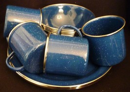 Vintage Nostalgia Blue &amp; White Speckle Enamel 12 Pcs Dish Set Service For 4 - £30.85 GBP