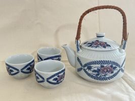Vintage Asian White Blue Floral Porcelain Teapot with 3 Cups Set Rattan ... - $17.82