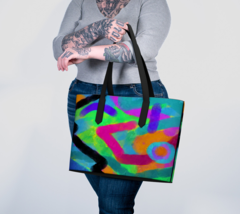 Colorful Abstract Digital Painting on Vegan Leather Oversize Shoulder Bag Tote  - £76.79 GBP