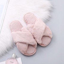 Ffy slippers women cozy faux fur cross indoor floor slides flat soft furry shoes ladies thumb200