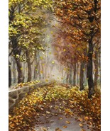 Autumn Original Watercolor Painting Morning Foggy Park Forest Landscape ... - £101.63 GBP