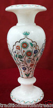 9&quot; White Marble Flower Vase Jar Semi Precious Inlay Work Marquetry Decor Gifts - $626.56