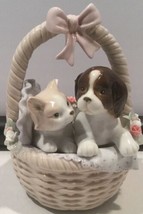 Ceramic Musical Basket with Cat Dog Flowers Blanket Pillow Bow - £38.88 GBP