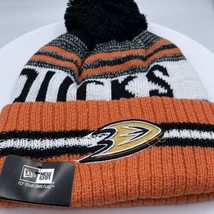NHL Anaheim Ducks Orange White Stripe New Era Knit Beanie With Pom - £10.36 GBP