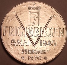 Unc Silver Norway 1970 25 Kroner~25th Anniversary Of Liberation~Free Shipping - $38.21