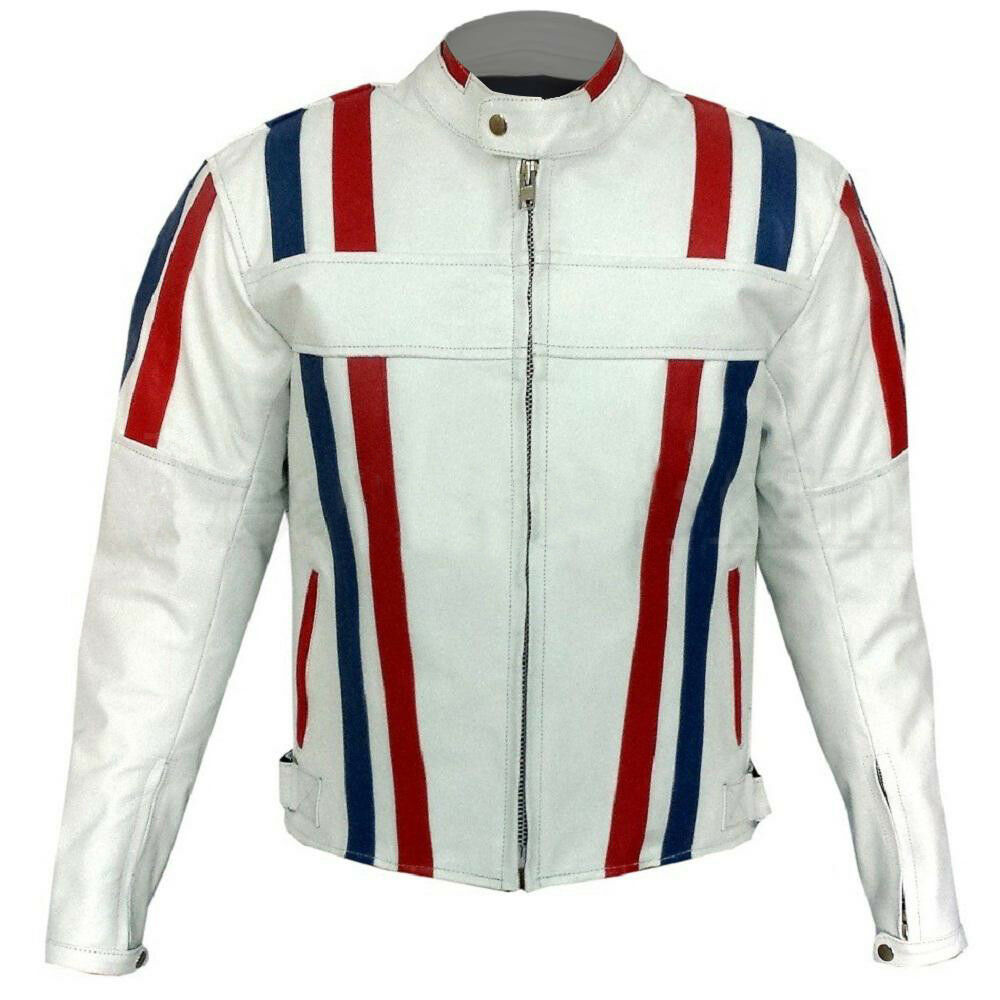 Men White Motorcycle Red Blue Striped Handmade Genuine Leather Safety Pad jacket