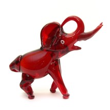 Art Glass Red Elephant Trunk Up  Figurine 5&quot; h x 5.5 x 3&quot; Vintage - $9.87