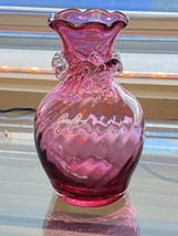 Hand Blown Pink Applied Clear Decoration Ribbon Swirl Glass Vase 4.5” - £12.13 GBP
