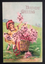 Happy Birthday Greeting Child w/ Basket of Pink Flowers UDB Mica Postcard c1900s - £15.73 GBP