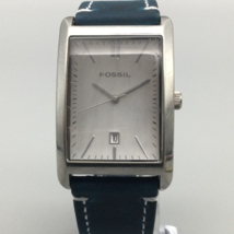 Fossil Tank Watch Men 29mm Silver Tone Date Blue Leather Band New Battery - £27.39 GBP