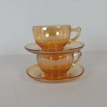 Set of 2 Jeanette Glass Moderne Marigold Iridescent Cup &amp; Saucer Set Punch Cup - £11.48 GBP