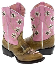 Girls Pink Flower Embroidered Cowgirl Leather Rodeo Dress Boots Kids Snip Toe - $52.24