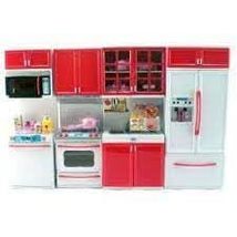 Red Deluxe Modern 11.5 high Doll Kitchen Stove, Fridge, Micro Wave Etc - £36.18 GBP