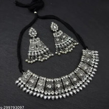 Antique Oxidised Silver Plated Jewelry Stone Party Wear Set Adjustable Kundan - £5.52 GBP