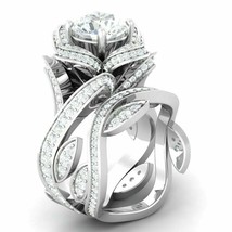 Lotus Bridal Ring Set 3.40Ct Round Cut Simulated Diamond 14K White Gold Size 9 - £246.21 GBP