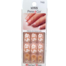 NEW Kiss Nails Impress Press On Manicure Short Gel Oval White Pink Floral Gems - £11.89 GBP