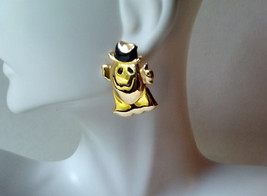 Shiny Goldtone Vintage Happy Ghost with Black Top Hat Earrings Halloween... - $17.00