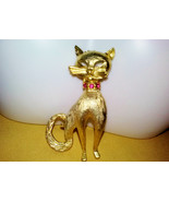 Vintage Kitty Cat Figural Brooch Pin Gold Brushed with Ruby Red Rhinesto... - £19.18 GBP