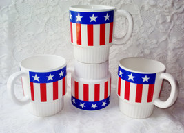 Vintage Stars &amp; Stripes USA American Flag Ceramic Coffee Mugs Set 4 Stackable 7  - £43.96 GBP