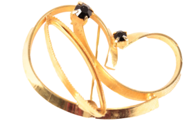 Large Stylized Gold Tone Heart Pin with Black Faceted Stones - £3.92 GBP