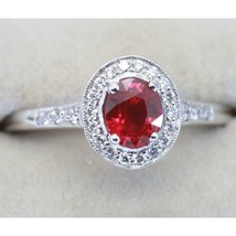 5Ct Oval Cut Simulated Ruby Solitaire Halo Engagement Ring 14K White Gold Plated - £64.42 GBP