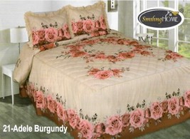 ALICIA FLOWERS BURGUNDY &amp; TAUPE BEDSPREAD SET WITH RUFLES 3 PCS QUEEN SIZE - $44.54