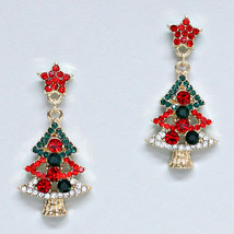 Christmas Tree Holiday Crystal Red Green And Gold  Earring - £7.80 GBP