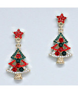 Christmas Tree Holiday Crystal Red Green And Gold  Earring - £7.98 GBP