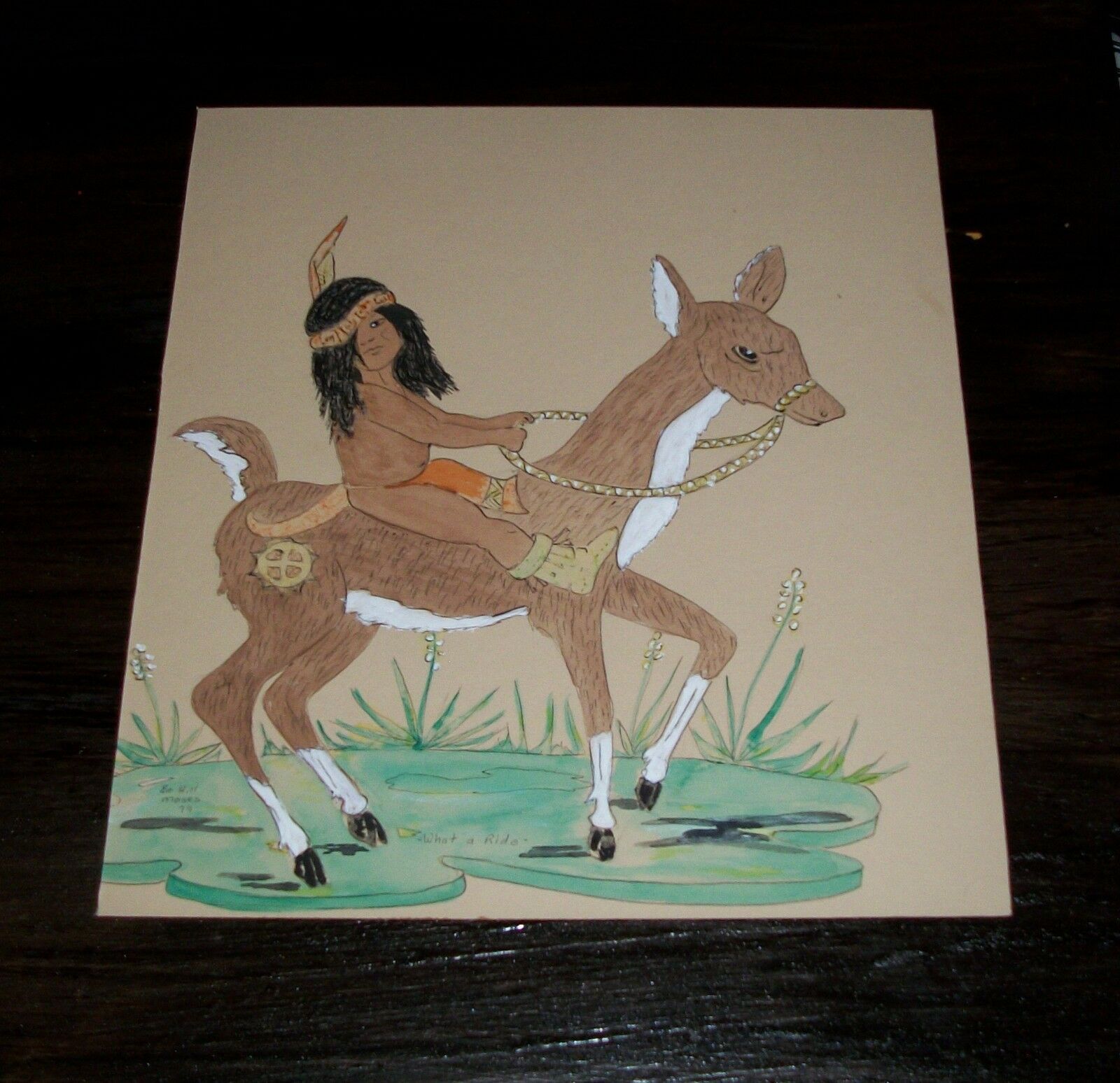 Primary image for BO HILL MOSES NATIVE AMERICAN INDIAN BOY RIDES DEER SOUTHWEST DECOR ART PAINTING