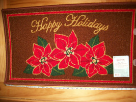 Martha Stewart Christmas Rug Mat Happy Holiday Decor Brown Red Poinsettia Flower - £7.43 GBP