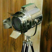 Vintage Spotlight Wooden Tripod Stand Nautical Chrome Industrial Searchlight - £178.79 GBP
