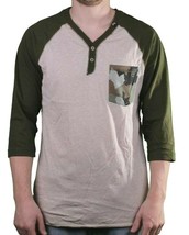 LRG Men&#39;s Putty/Heather Up Rise Y-Neck 3/4 Sleeve Henley Raglan Shirt Me... - $18.74