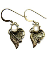 925 Leaves White Inlaid Stone Earrings Hook Drop Sterling Silver Vintage... - £31.28 GBP