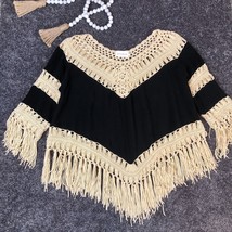 Western BOHO Fringe Crochet Top Size Small Natural Yarn Festival Pullover - £10.99 GBP