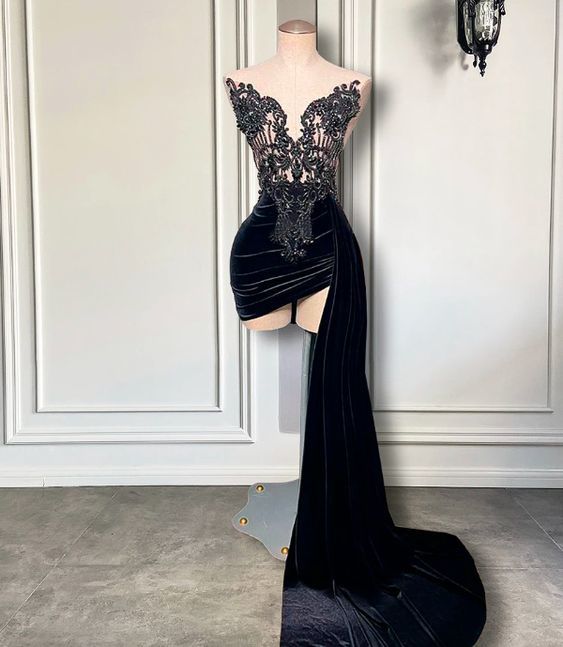 Primary image for Lace Applique Prom Dresses Short Beaded Velvet Sexy Formal Occasion Dresses Blac