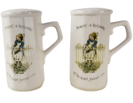 Vintage HOLLY HOBBIE Ceramic Collectible Pair With Handles Salt Pepper Shakers - £25.76 GBP