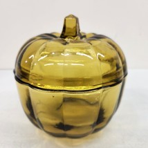 Vtg Heavy Anchor Hocking Glass Pumpkin Candy Dish With Lid Halloween Fall Amber - £19.44 GBP