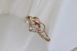 14K Two-tone Yellow Gold Rose Gold Dolphin Heart Ring Clear stones  9.75 - £80.60 GBP