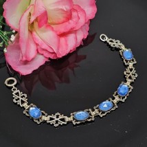 Vintage Blue Glass Cabochons Book Chain Filigree Link Panel Bracelet Sil... - £19.87 GBP