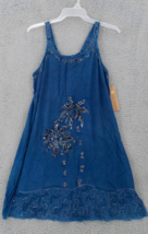 Raya Sun Sleeveless Sundress Sz Xl Denim Blue Wash Palm Tree Embroiderd Drwstrng - £15.97 GBP