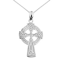 14K Solid White Gold Trinity Knot Celtic Cross Pendant Necklace - £153.38 GBP+
