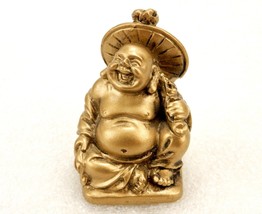 Happy Seated Buddha, Gold Painted Resin Figurine, Travel, Health, Good Luck - $14.65