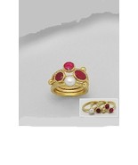 Natural Rough Cut Ruby, Fresh Water Pearl 18k Gold Plate Brass Stackable... - $65.00