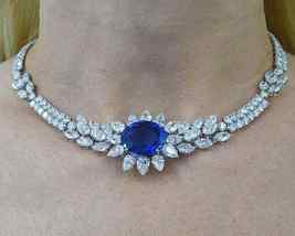 23Ct Oval Cut Simulated Sapphire  Necklace 925 Silver White Gold Plated - £256.64 GBP