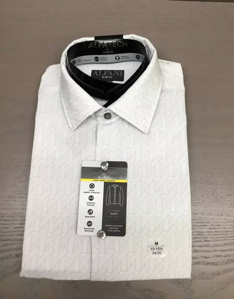 Alfani Men&#39;s Slim-Fit 4 Way Stretch Geo-Print Dress Shirt White B4HP - $19.90+