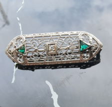 14K WHITE GOLD DIAMOND AND TRILLION  EMERALD FILIGREE ART DECO BROOCH 2.... - $365.31