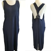 Vintage 90s Navy Blue Pinafore Dress Plaid Patch Pockets Rayon Large - $47.30