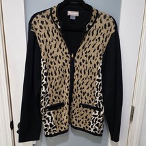 Vintage Tanjay Sweater PL Petite Large Black Zip Cardigan Cheetah Trim Knit - $13.10