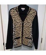 Vintage Tanjay Sweater PL Petite Large Black Zip Cardigan Cheetah Trim Knit - $13.10